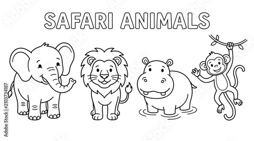 Sticker Cartoon safari animals including elephant, lion, hippo, and monkey