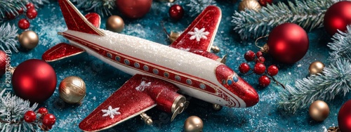 Travel for Christmas. Airplane with Christmas decor. New year. Selective focus. Generative AI,