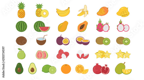 Collection of colorful tropical fruits and vegetables