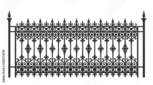 Elegant isolated black wrought iron fence with intricate scrolls and classic finials, transparent background.