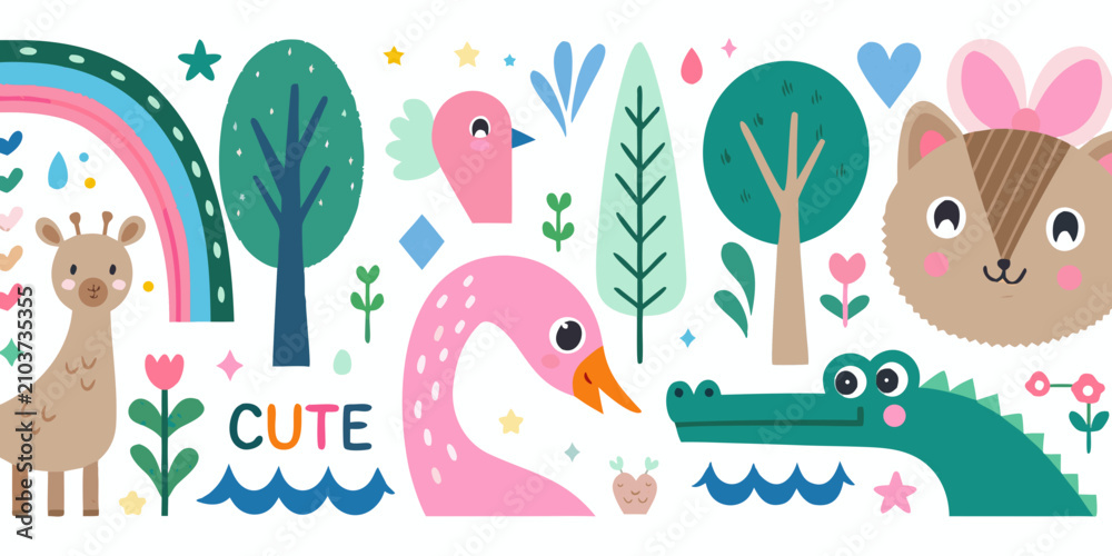 Fototapeta premium Cartoon animals and rainbow illustration on a white background