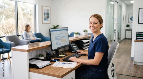 Smiling medical receptionist at clinic desk