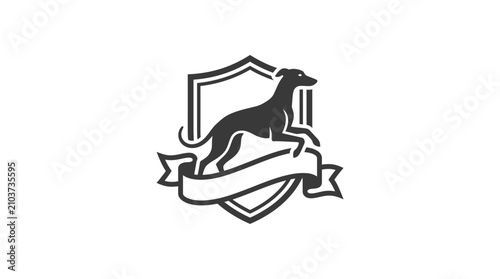 Foto Standing sighthound silhouette within shield and ribbon frame.