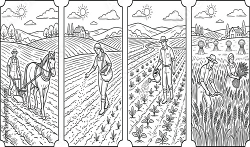 Fotografie Traditional agricultural line art vector banners showing farmers plowing sowing
