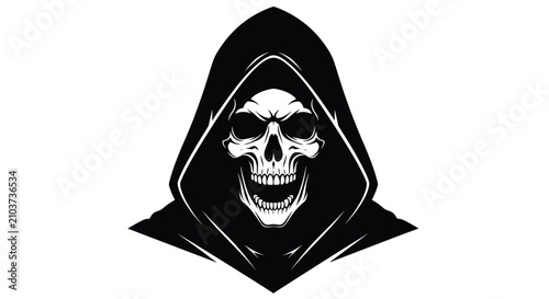 Εκτύπωση καμβά Menacing Grim Reaper Skull with Hooded Cloak Illustration.