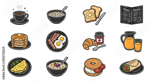 Fotografie Dark outline breakfast icons with menu and coffee.