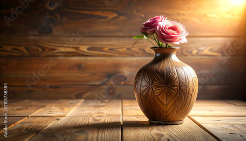 Pink roses in ornate vase on wooden surface