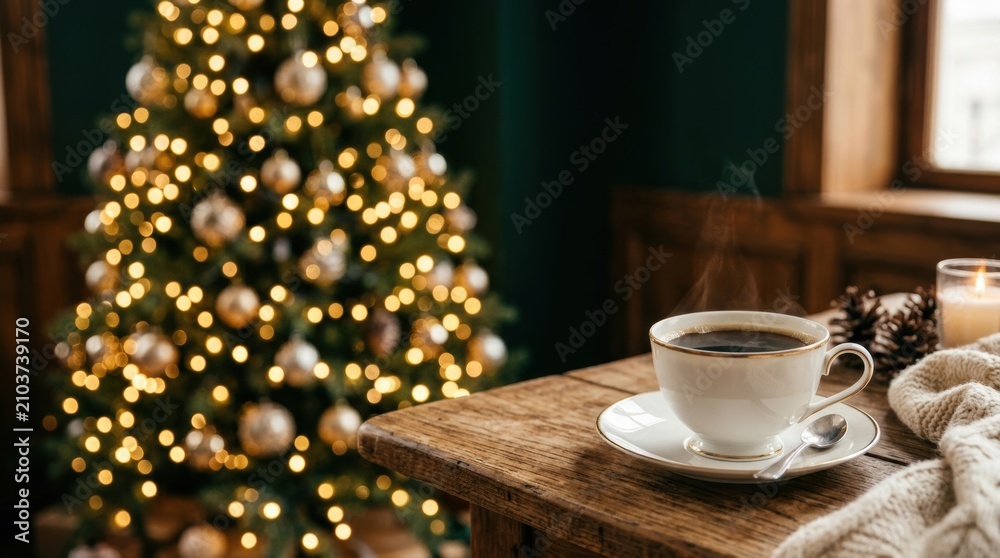 Fototapeta premium Cozy Christmas morning with hot coffee and a decorated tree