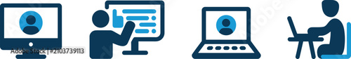 Fotografie Computer workstation icons depict professional tasks and remote work operations for the