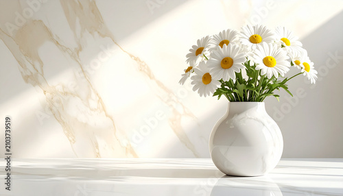 White daisy flowers in a simple vase with sunlight and shadow