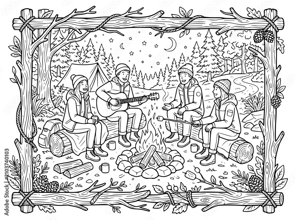Obraz premium friends camping around a campfire at night coloring page illustration