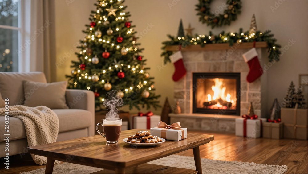 Obraz premium Cozy Christmas Eve Family Living Room with Glowing Fireplace