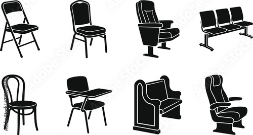 Commercial office public and event seating chairs vector silhouettes bundle featuring desk folding waiting room and theater icons set
