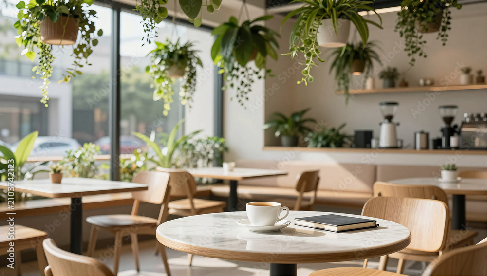 Fototapeta premium Modern Plant Filled Cafe Interior and Coffee Table