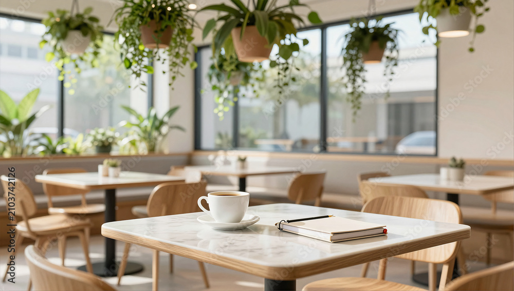 Fototapeta premium Modern Plant Filled Cafe Interior and Coffee Table