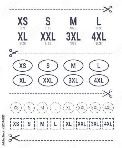 Set of clothing size labels for garment tags. Collection includes icons for apparel branding and textile identification. Fashion retail template with cut marks for tailoring industry.