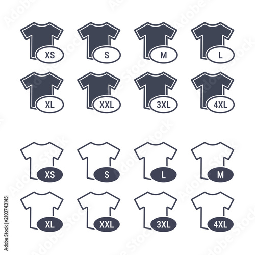 Set of t-shirt icons with various clothing size labels. Collection of garment size symbols from extra small to four extra large. Fashion retail and merchandising apparel tag concept.