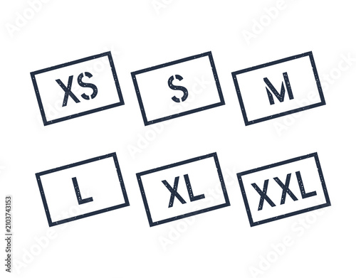 Set of clothing size labels for garment tags. Collection includes icons for apparel branding and textile identification. Fashion retail template with cut marks for tailoring industry.