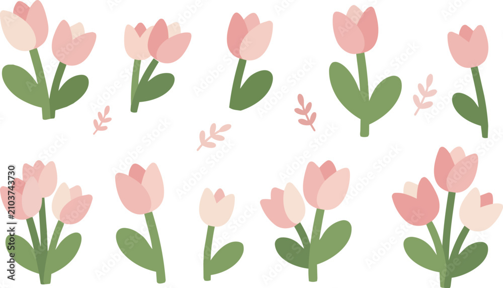 Fototapeta premium Spring floral beauty concept pink tulip flower set flat vector illustration