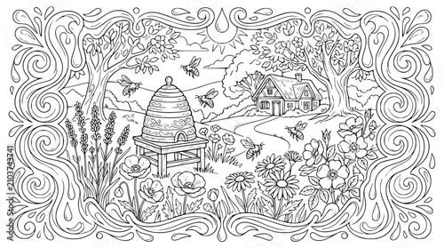 Garden Coloring Page with Beehive Flowers and Country Cottage