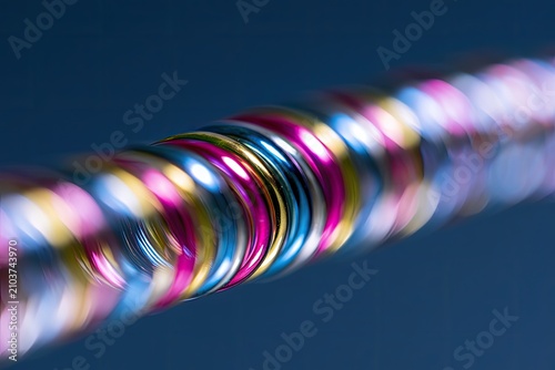 Swirling, colorful, metallic rings create a hypnotic, blurred motion effect