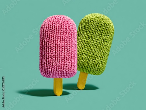 Two knitted popsicles, one pink, one green, on yellow sticks, against teal