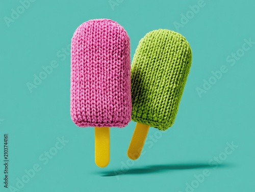 Two knitted popsicles, pink and green, floating against a teal backdrop