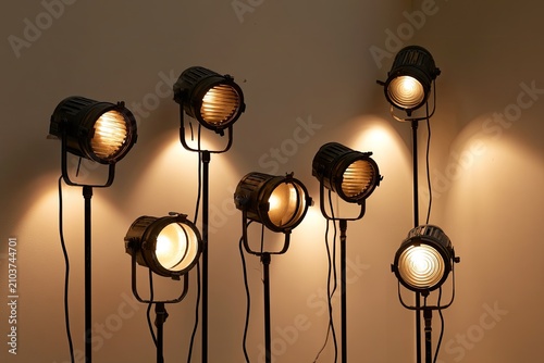 Stage lights illuminate a textured wall with warm, focused beams