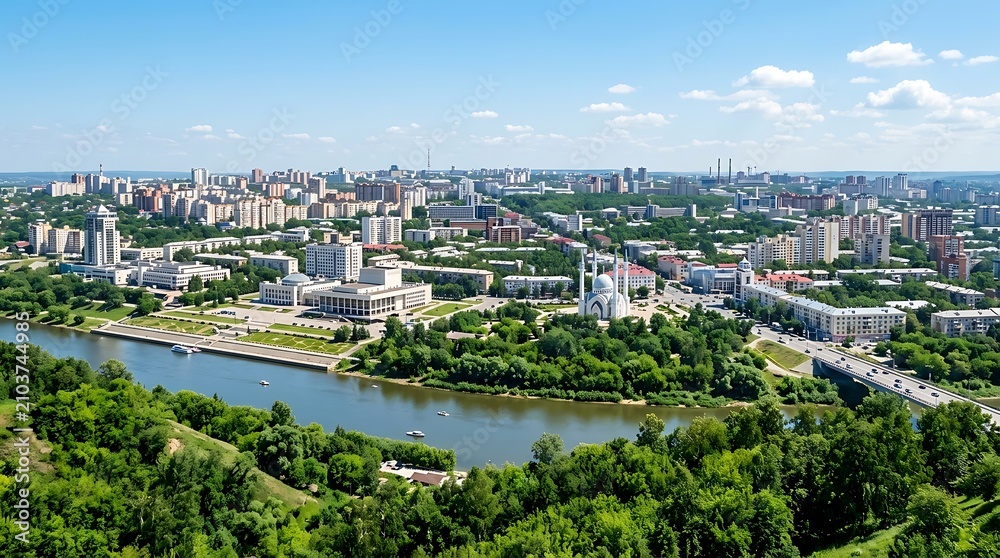 Fototapeta premium Aerial view of suburban town with river and green spaces.