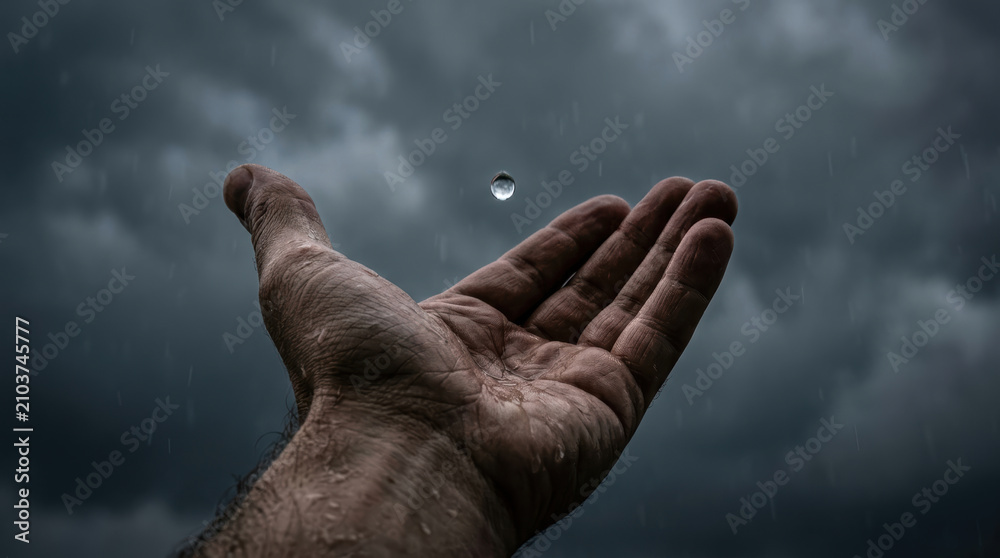 Fototapeta premium Hand reaching out to catch water drop under dark rainy sky symbolizing water scarcity and urgent need for conservation efforts