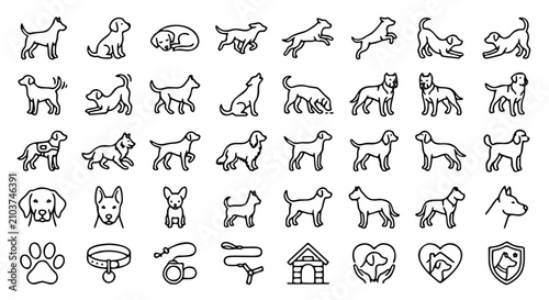 Minimalist dog line icons set, 40 pet breed vector symbols, modern canine silhouette illustrations for veterinary and animal care branding