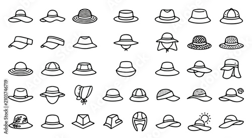 Minimalist summer hat icons set, 35 black line vector illustrations of sun hats and headwear, modern fashion accessories for beach and travel