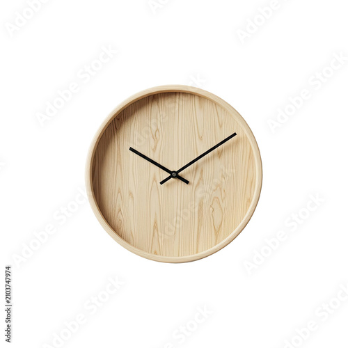 Minimalist wooden wall clock with black hands on isolated white background.