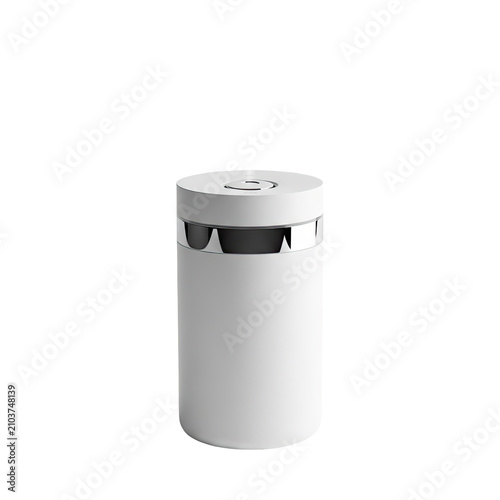 Modern white portable air purifier or aroma diffuser on white background.