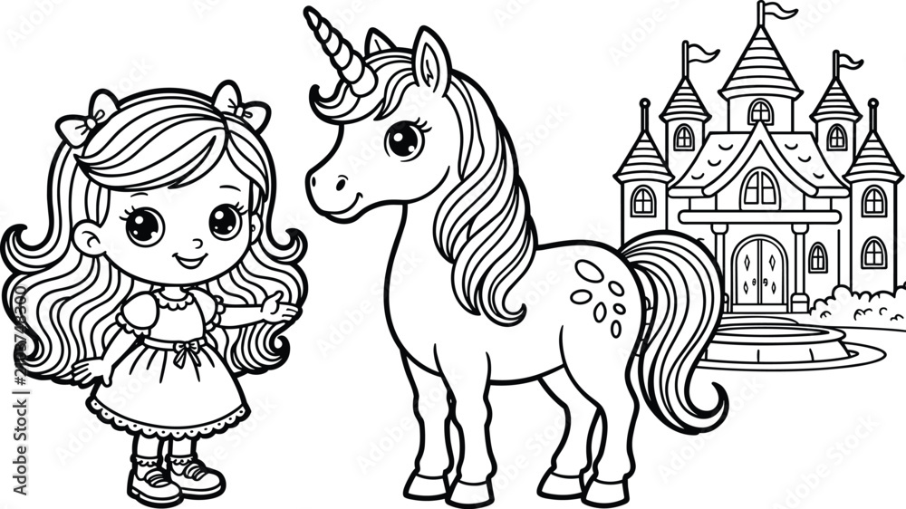 Obraz premium Kids coloring page featuring cute little princess girl magical unicorn horse and fairy tale dream castle outline