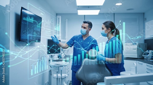 Dental team discussing holographic clinic data