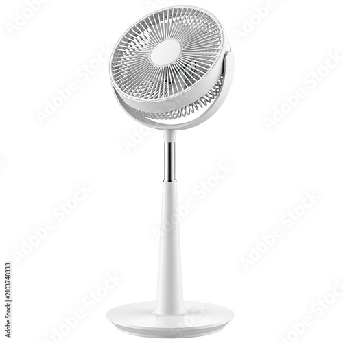 Modern white adjustable pedestal floor fan isolated on white background.
