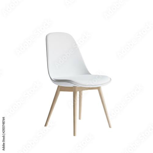 Minimalist modern white dining chair with light wooden legs isolated on white background.