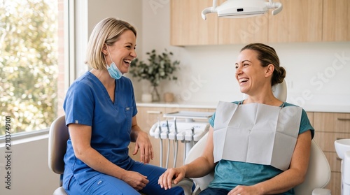 Dentist and patient chatting after treatment