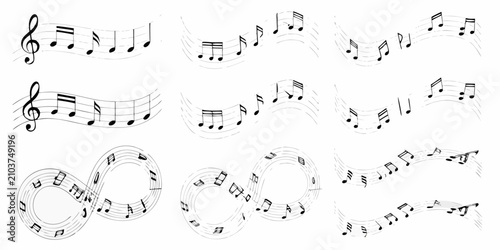 Foto musical notes on flowing staffs in black and white line art sheet music notation