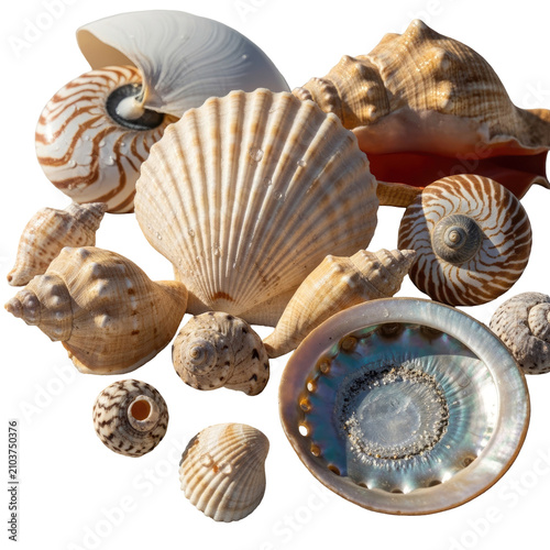 A beautiful collection of diverse seashells isolated on white background.