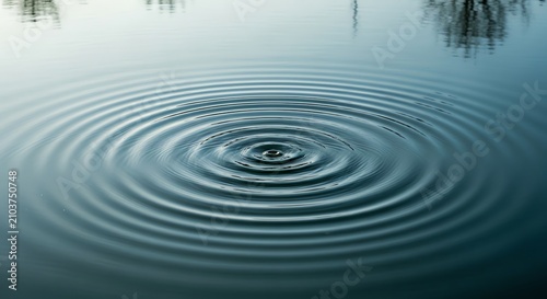 Concentric ripples on deep blue water surface caused by a single drop, high angle centered shot with natural lighting, minimalist zen style