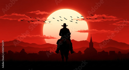 Silhouetted figure of a gunslinger stands against a massive red celestial body at twilight