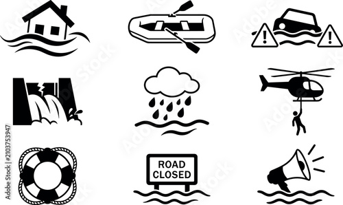 фотографія Flood natural disaster icon set with submerged house car damaged dam helicopter