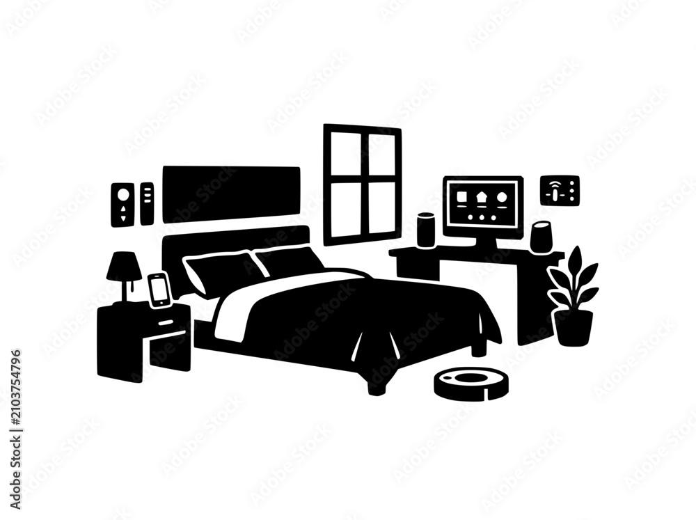 Fototapeta premium Smart Home Bedroom Interior with IoT Devices Illustration