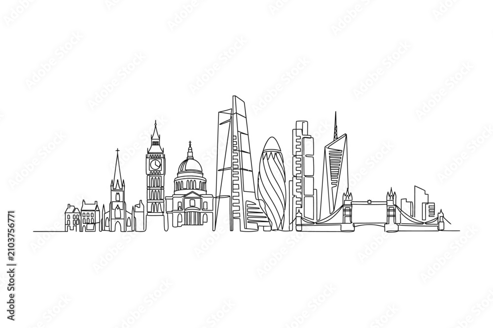Fototapeta premium Continuous line drawing of the London city skyline featuring iconic landmarks.