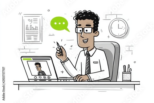 Illustration of a smiling man in a white shirt and tie sitting at a desk, engaging in a video call on a laptop with a speech bubble above his head