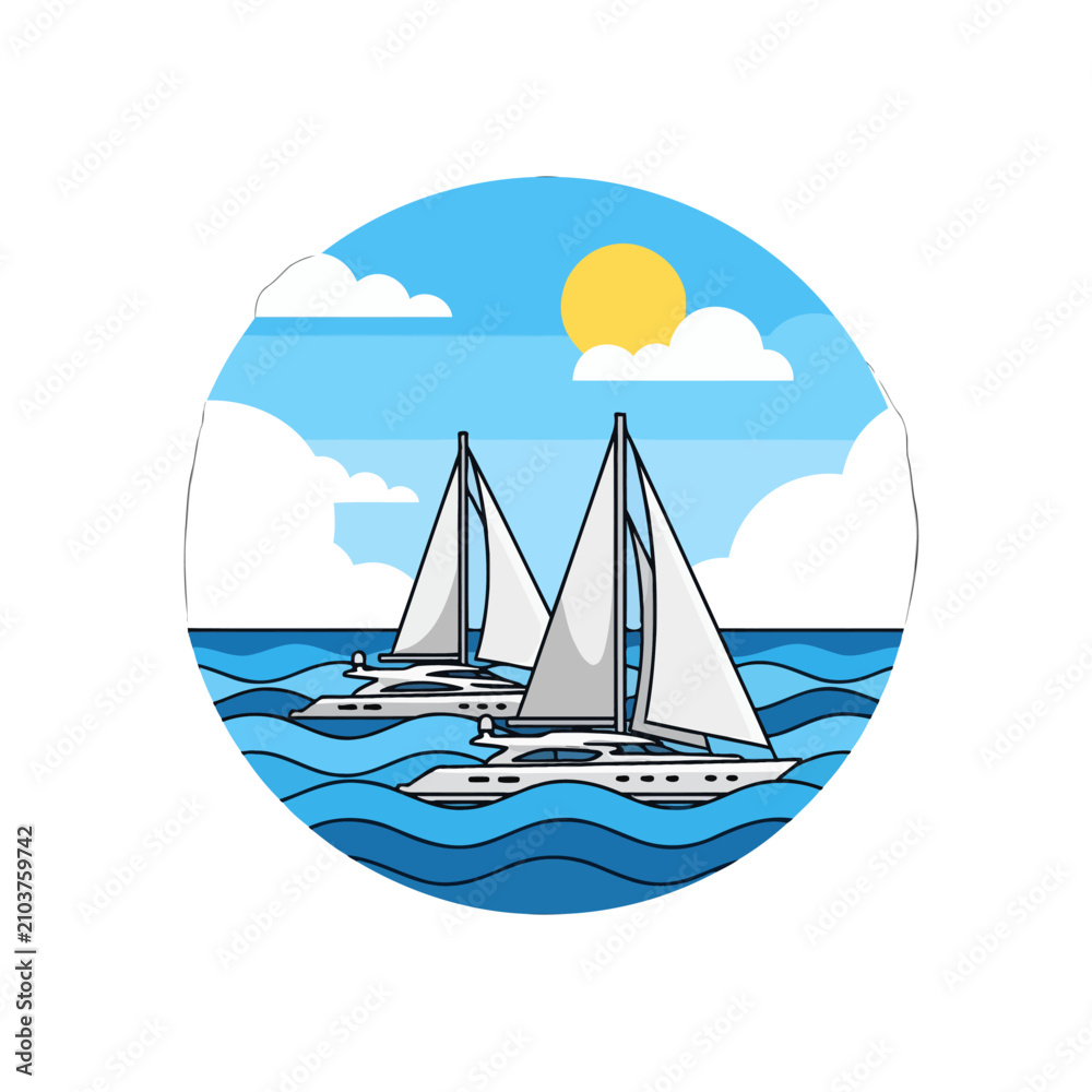 Naklejka premium Two sailboats navigate across the blue ocean under a bright yellow sun