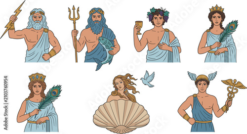 Photos Ancient Greek gods and goddesses vector illustration set with Zeus, Poseidon, an