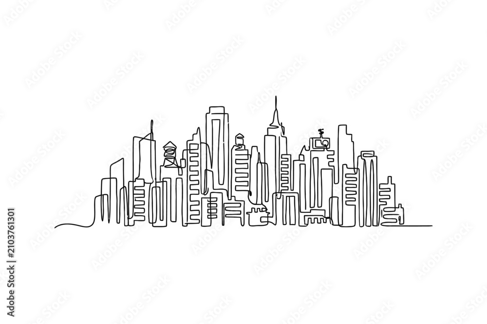 Obraz premium A continuous line drawing of a modern city skyline with various skyscrapers.